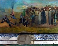 A billboard depicts the protests of 1999 that were quickly crushed