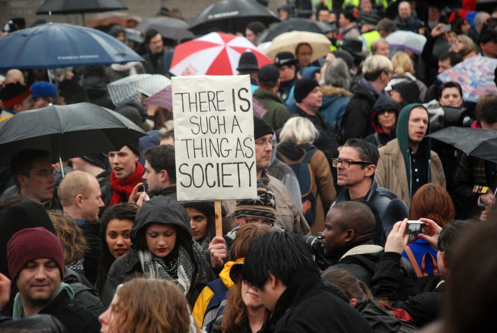 Hundreds braved the London rain on Saturday night to mark the death of Margaret Thatcher. The former British Prime Minister once famously stated that "there is no such thing as society - there are individual men and women, and families".