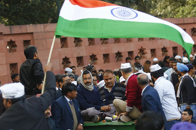 Delhi chief minister Arvind Kejriwal (C) surprised many by demonstrating against the police [File: Reuters]