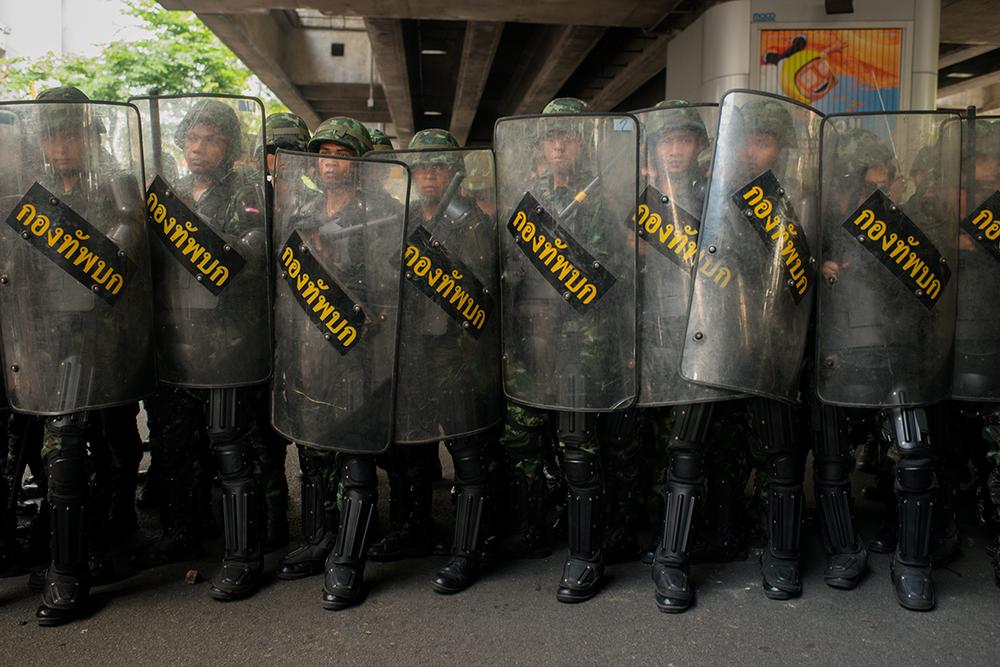 <p>Troops were deployed to control anti-coup protests around Victory Monument in downtown Bangkok.</p>