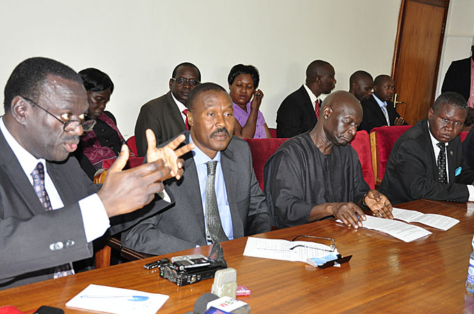 A cross section of Uganda's opposition, including Olara Otunnu, at a meeting [Eriasa Mukiibi Sserunjogi/Al Jazeera]