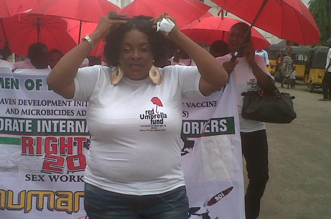 Nigerian prostitute Patoo Abraham leads a protest for sex workers' rights in Lagos, Nigeria [Al Jazeera]