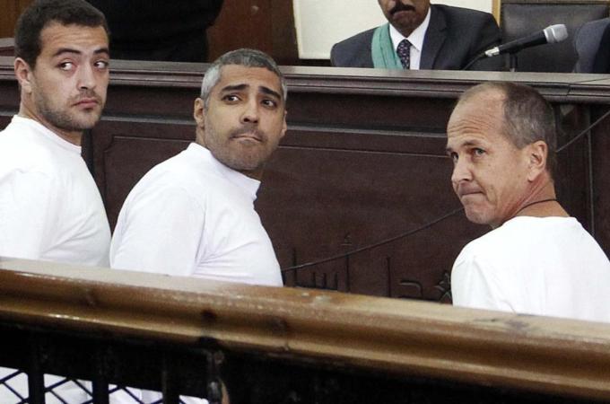 Al Jazeera's Mohamed Fahmy, Peter Greste, and Baher Mohamed have been imprisoned since December 29, 2013 [AP]
