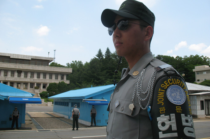 A South Korean sentry a few metres south of the inter-Korean border known as the DMZ [Andrew Salmon]