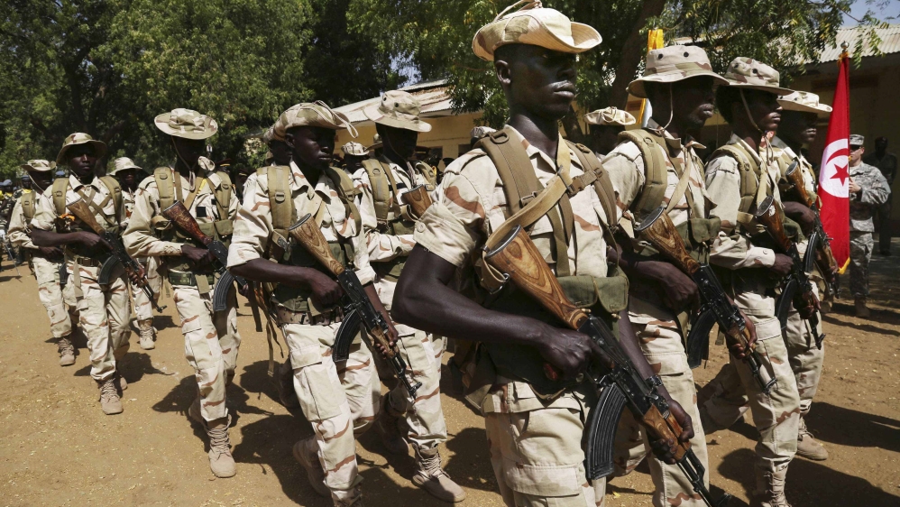 Chadian soldiers participate in the opening ceremony of Flintlock 2015, an exercise organized by the US military in Ndjamena