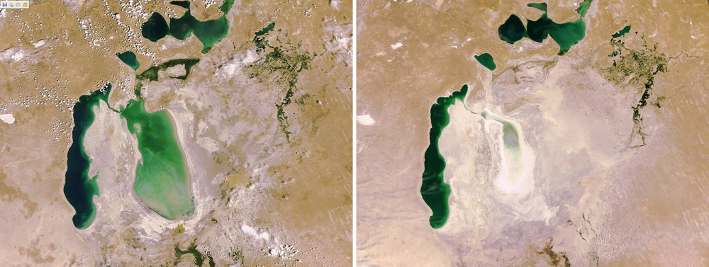 The dramatic retreat of the Aral Sea shoreline from 2006 to 2009 [HO/AFP/Getty Images]