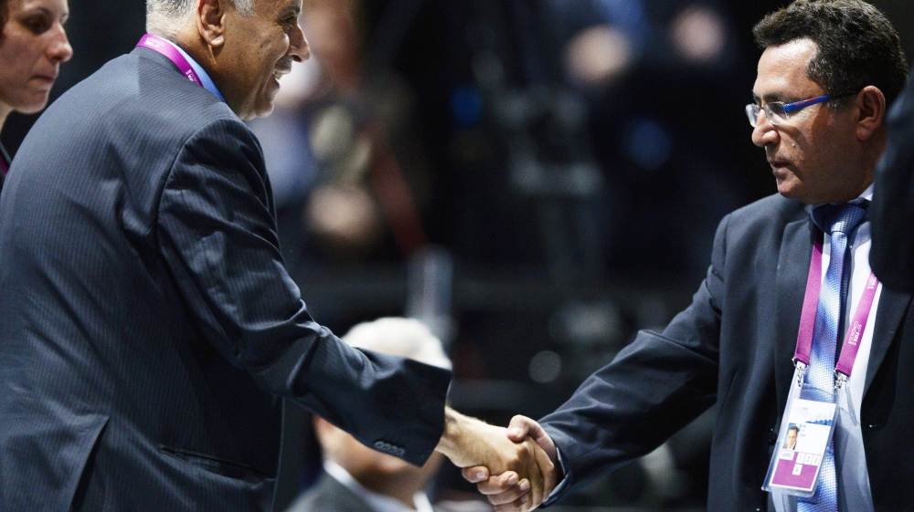 The Palestine and Israel football chiefs shook hands at the FIFA Congress last month [EPA]