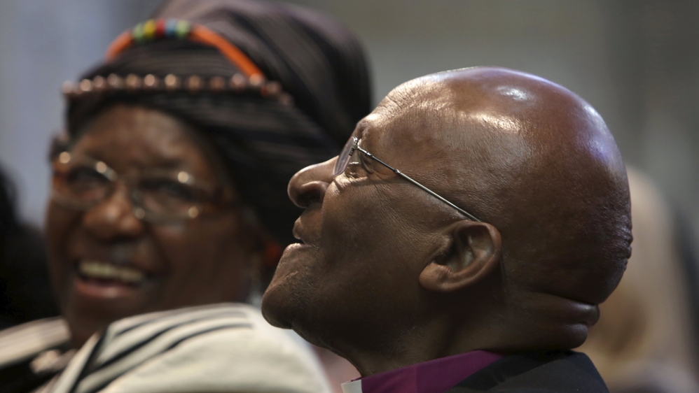Archbishop Desmond Tutu and his wife Leah share a moment shortly before renewing their vows as they celebrate their 60th wedding anniversary in Cape Town