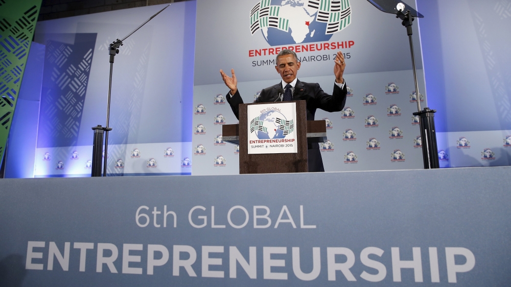 U.S. President Obama delivers remarks at the Global Entrepreneurship Summit at the United Nations compound in Nairobi, Kenya