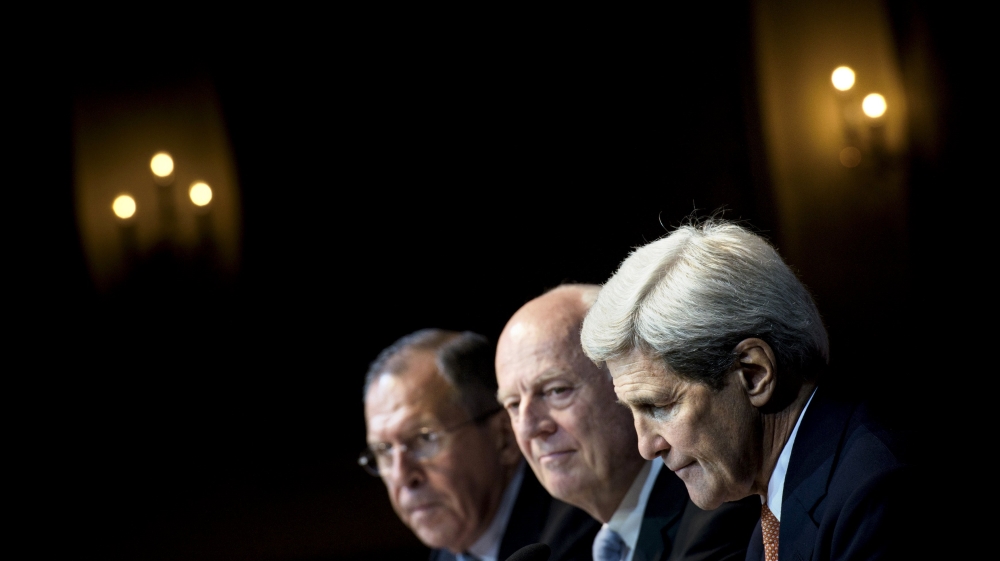 Russian Foreign Minister Lavrov, UN Special Envoy for Syria de Mistura and US Secretary of State Kerry hold a news conference at the Grand Hotel in Vienna
