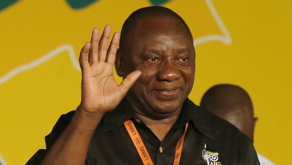 Ramaphosa celebrates his election as party Deputy President at the National Conference of the ruling African National Congress in Bloemfontein