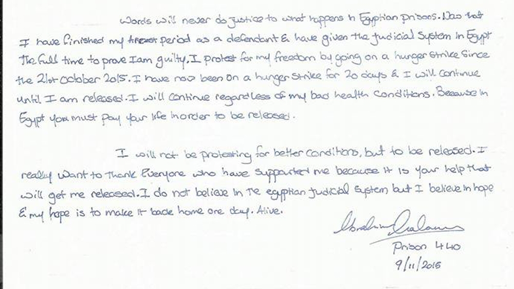 An extract from a letter Ibrahim Halawa wrote from jail in November 2015, as he began a hunger strike [Courtesy of Somaia Halawa]