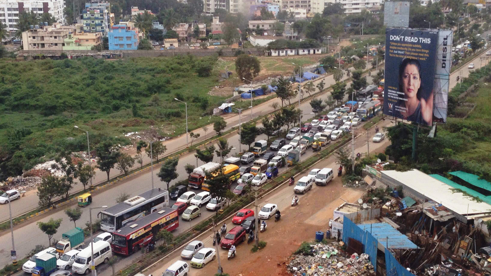 The daily gridlock on outer ring road in Bellandur, southeast Bangalore, reflects the constant traffic problems facing the city [Vikram Deo/Al Jazeera]