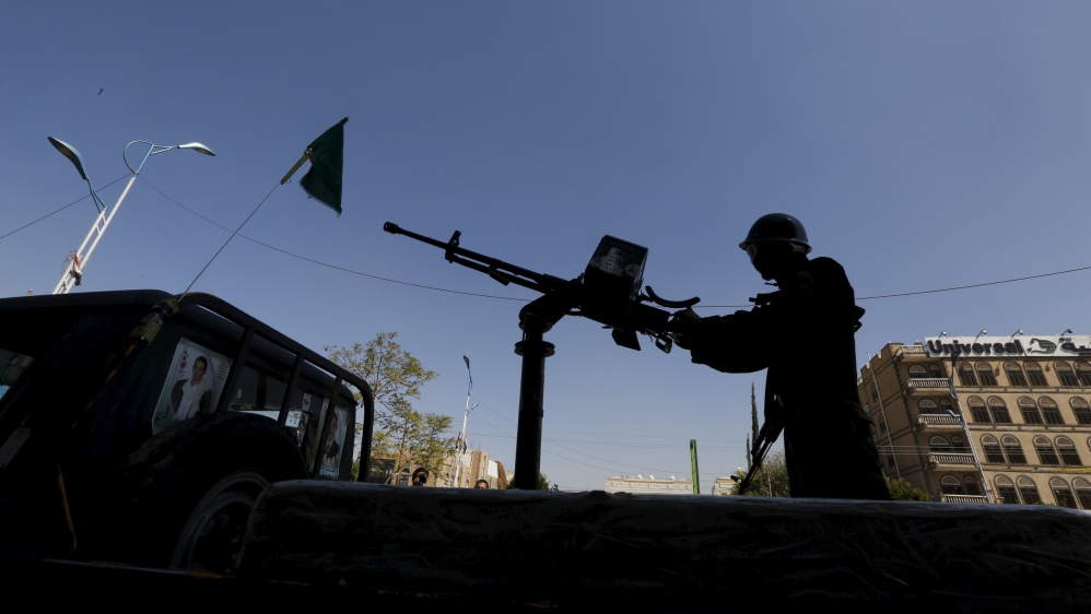 A Houthi militant mans a weapon mounted on a patrol truck while securing a street where women are demonstrating against Saudi-led air strikes in Yemen''s capital Sanaa