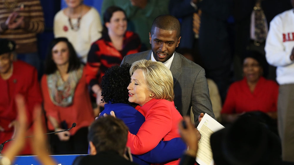 Hillary Clinton greets District Superintendent Dr Thelma Sojourner before speaking to voters in South Carolina a day after her debate with Bernie Sanders  [Spencer Platt/Getty Images]