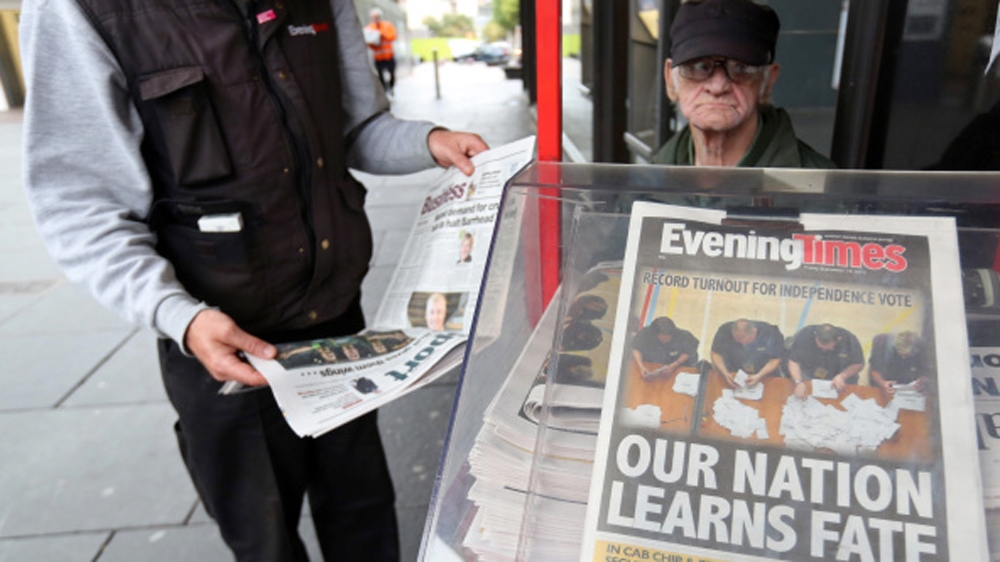 The front page of the Evening Times newspaper in reference to the Scottish independence referendum in 2014 [Getty]