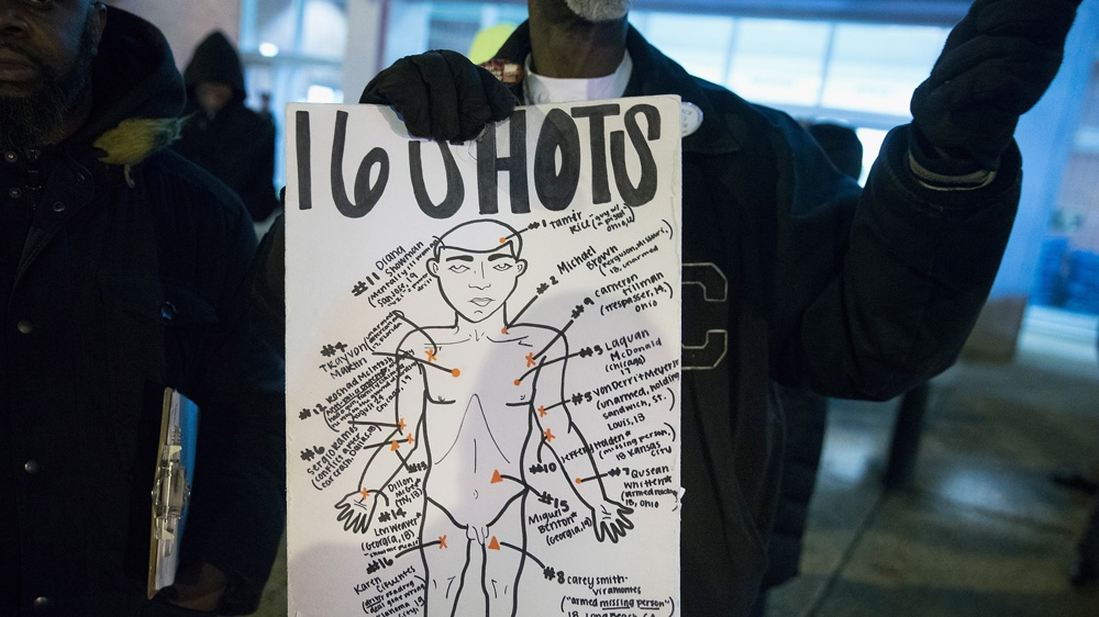 United States- Demonstrators protest in front of the City of Chicago Public Safety Headquarters