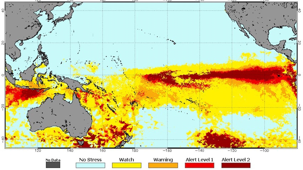 Coral reef bleaching risk this week, in the Pacific ocean and Coral Sea