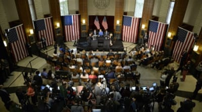 Hillary Clinton participates in a Homeland Security Roundtable with Muslim and community leaders at the University of Southern California [EPA]