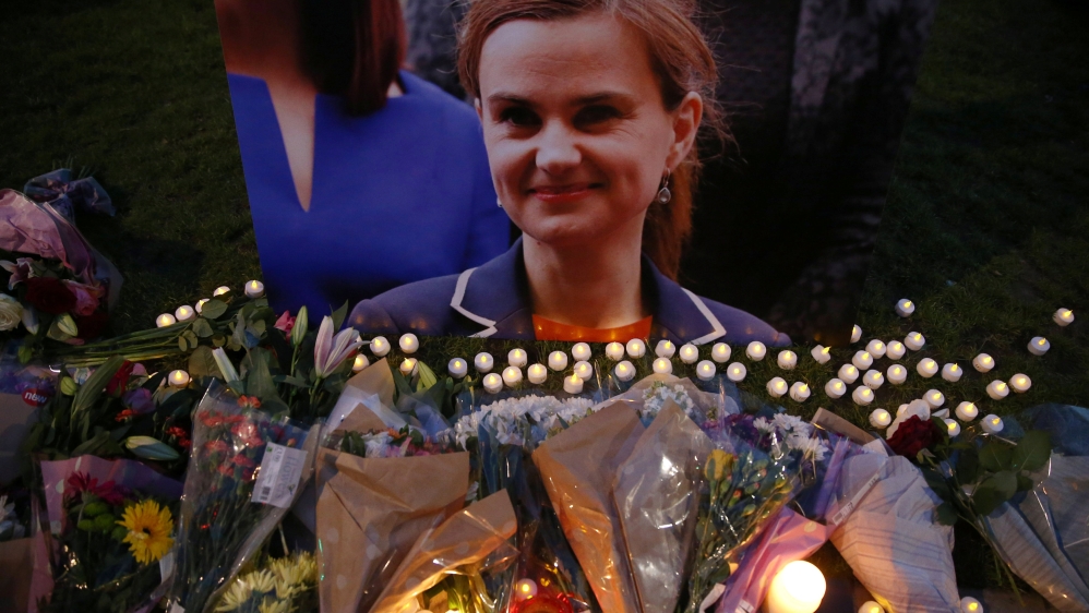 Tributes for murdered Labour Party MP Jo Cox are displayed on Parliament Square in London