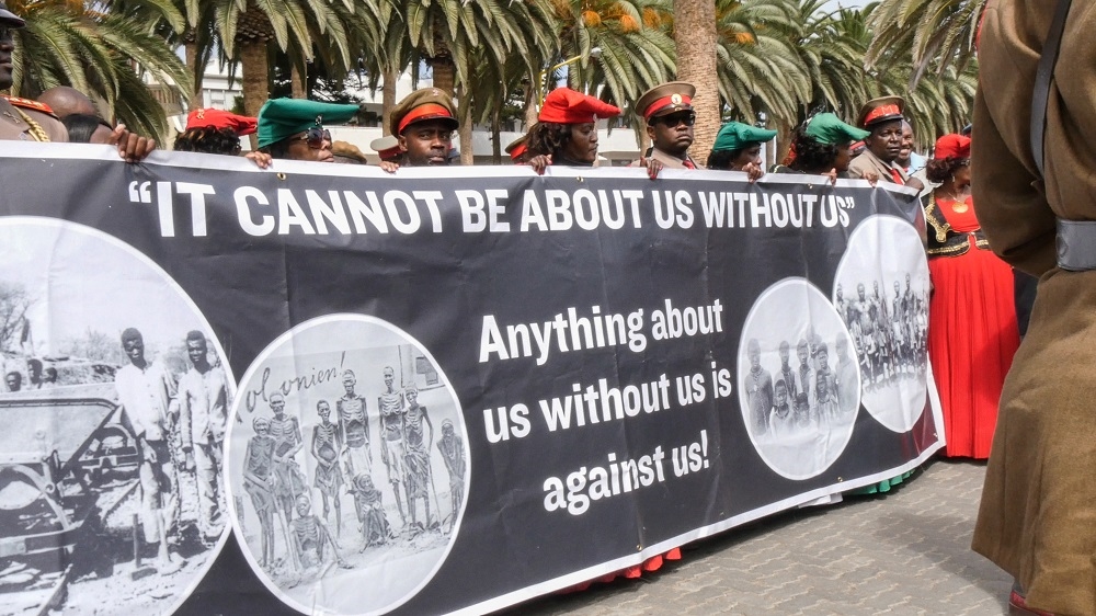Ovaherero protest their exclusion from formal genocide negotiations between Namibian and German governments, which is set to be concluded by September 2017 [Alexander Honisch/Shiri Media]