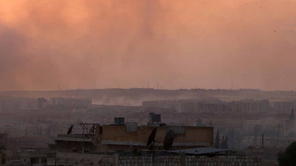 Smoke rises after airstrikes on Aleppo''s Castello road, Syria