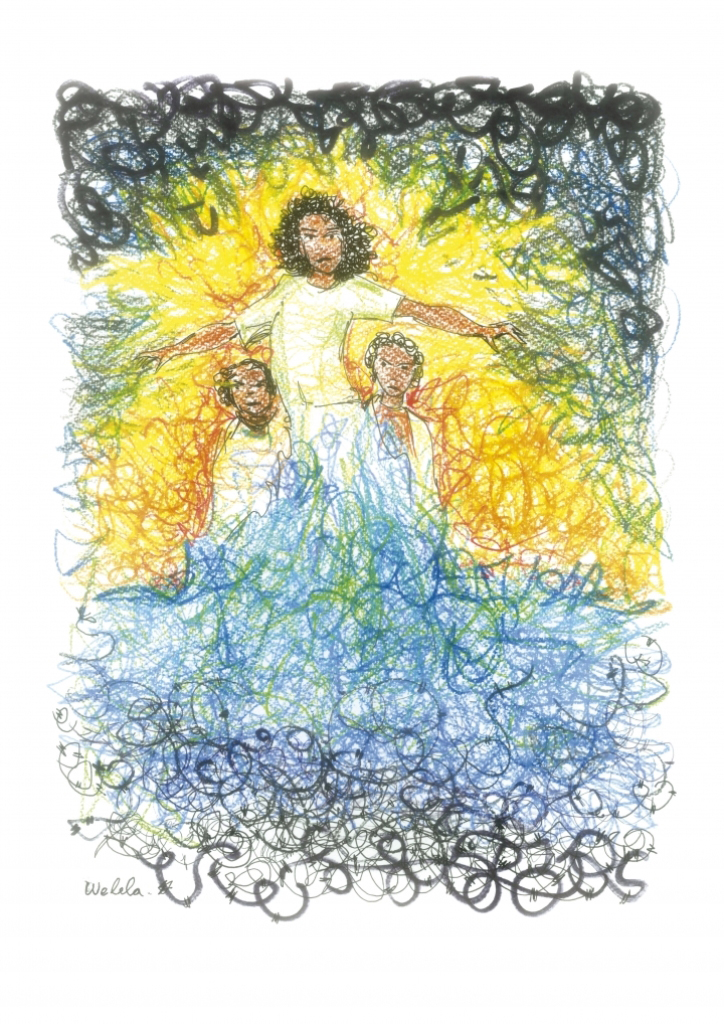  Welela, who died of her burns, is depicted as an angelic figure with fire behind her in a barbed-wire sea  [Drawing by Francesco Piobbichi] 