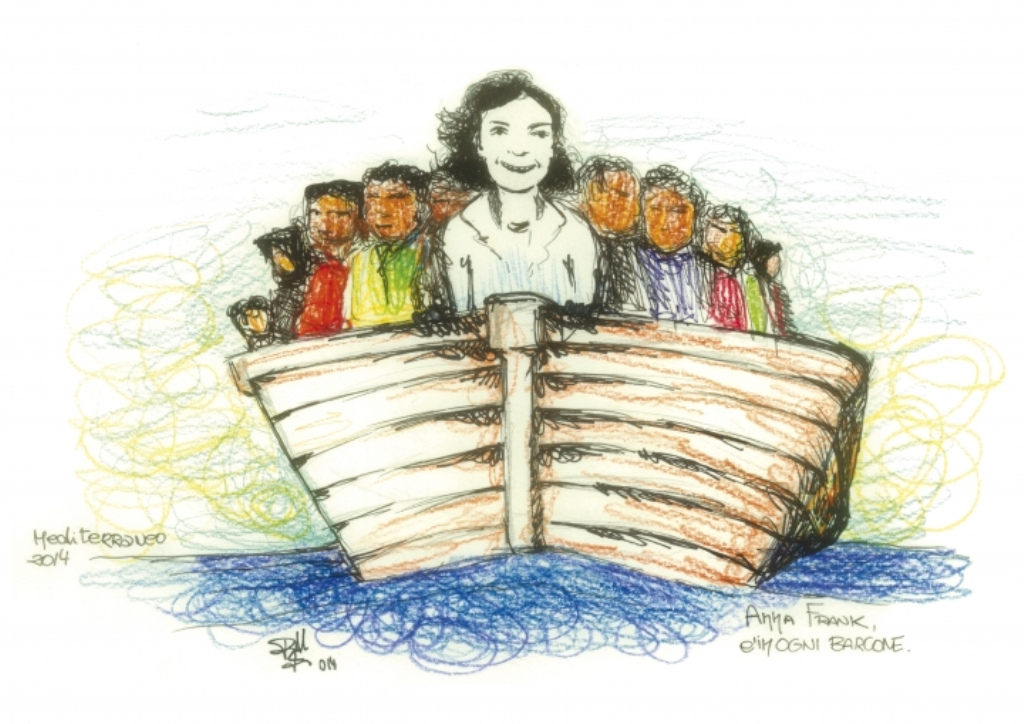 A sketch by Francesco illustrating Holocaust victim, Anne Frank, among the refugees crossing the sea  [Drawing by  Francesco Piobbichi] 