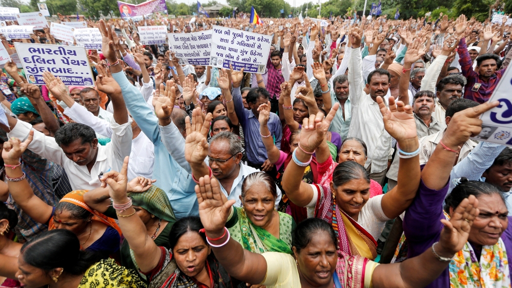 People shout slogans as they attend a protest rally against what they say are attacks on India''s low-caste Dalit community in Ahmedabad