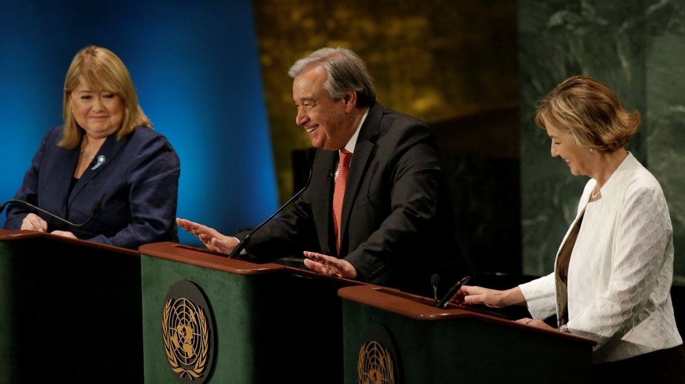 Former UN High Commissioner for Refugees Antonio Guterres speaks during a debate in the United Nations General Assembly between candidates [Mike Segar/Reuters]