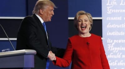 
Republican US presidential nominee Donald Trump greets Democratic presidential nominee Hillary Clinton after their first presidential debate in Hempstead, New York [Reuters]
