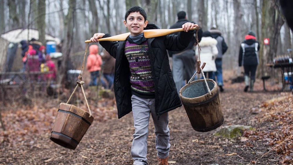 A Syrian refugee child carries buckets used for making maple syrup in Mississauga, Canada [Getty]