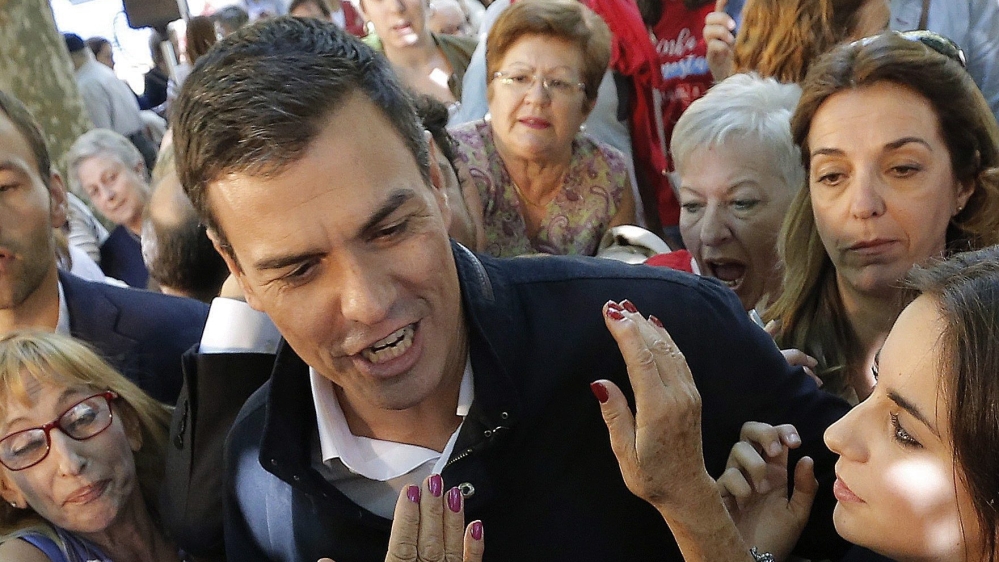 Pedro Sanchez, greets supporters upon his arrival to a election rally in Vilagarcia, Galicia, Spain [EPA]
