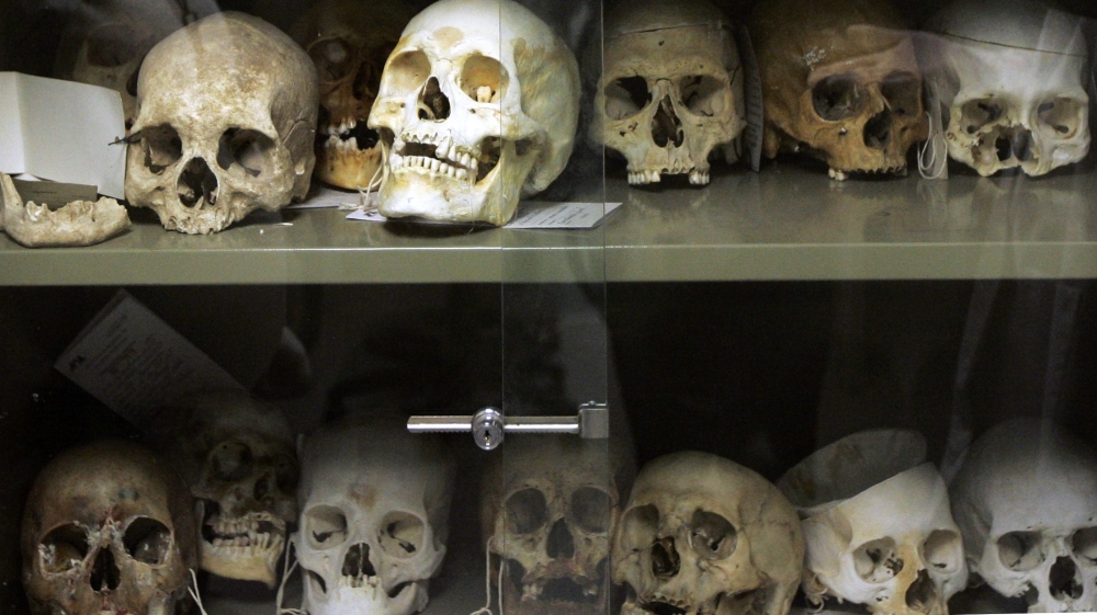 Human skulls sit in a cabinet at the Jalisco Institute of Forensic Sciences in Guadalajara