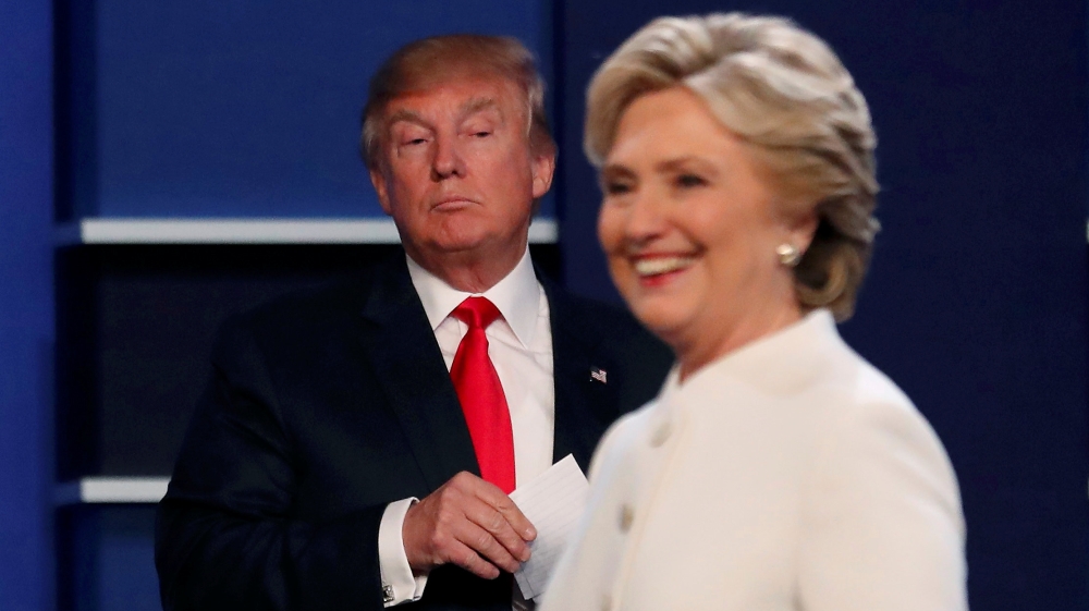 Republican U.S. presidential nominee Donald Trump and Democratic U.S. presidential nominee Hillary Clinton finish their third and final 2016 presidential campaign debate at UNLV in Las Vegas