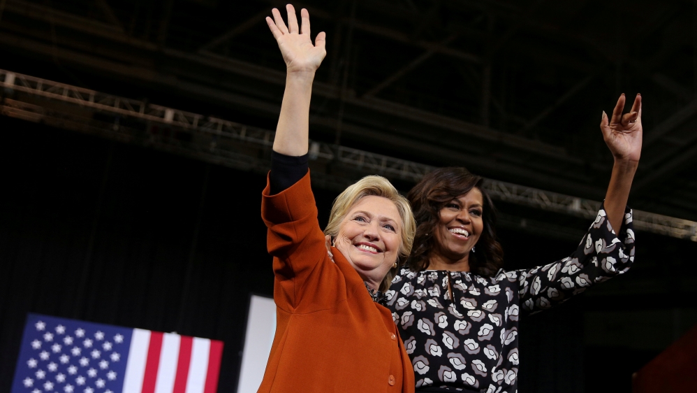 U.S. Democratic presidential candidate Hillary Clinton and U.S. first lady Michelle Obama in Winston-Salem