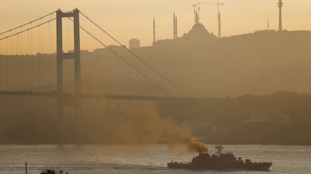 Romania''s navy corvette Contraamiral Horia Macellariu sails in the Bosphorus on its way to the Mediterranean Sea, in Istanbul