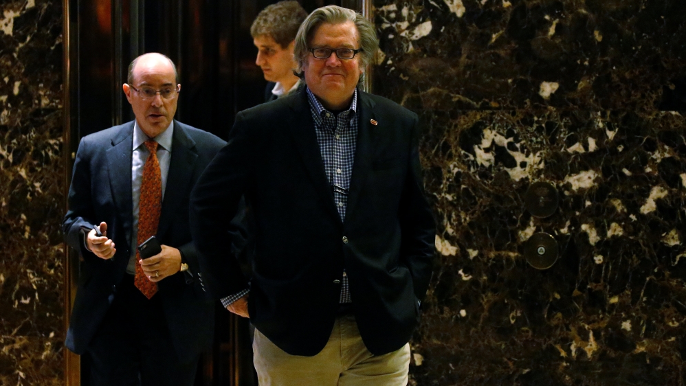 Campaign CEO Stephen Bannon departs the offices of Republican president-elect Donald Trump at Trump Tower in New York