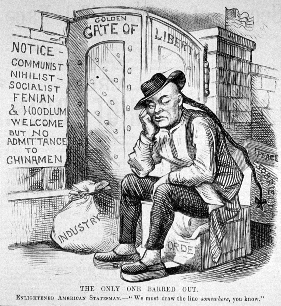 
A political cartoon from 1882, showing a Chinese man being barred entry to the 