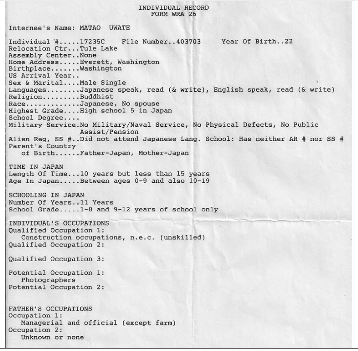 The War Relocation Authority registration record of Matao Uwate [Photo courtesy of Ashlyn Nelson]
