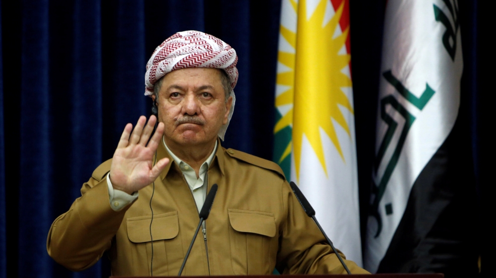 Iraq''s Kurdistan region''s President Massoud Barzani gestures during a joint news conference with German Foreign Minister Sigmar Gabriel in Erbil