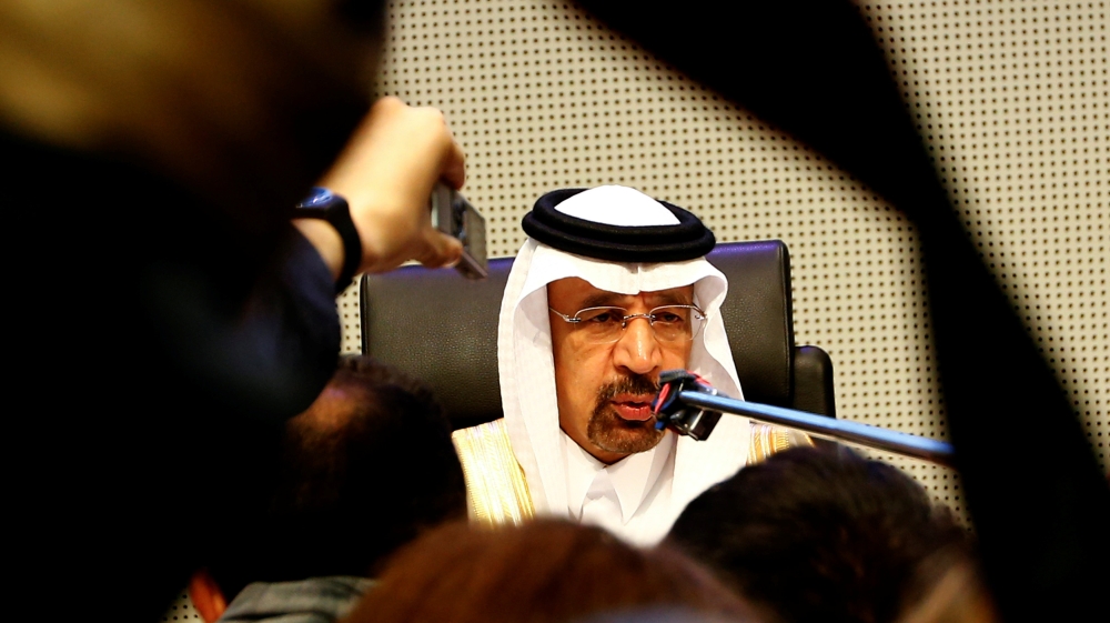 Saudi Arabia''s Energy Minister al-Falih talks to journalists before an OPEC meeting in Vienna