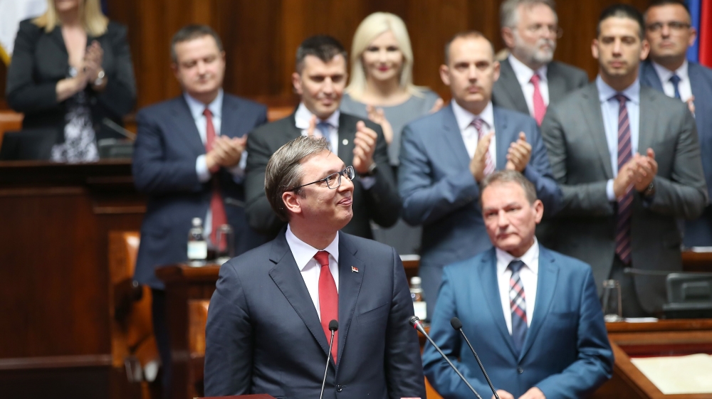 Newly elected Serbian President Aleksandar Vucic after the swearing-in ceremony at the parliament building in Belgrade