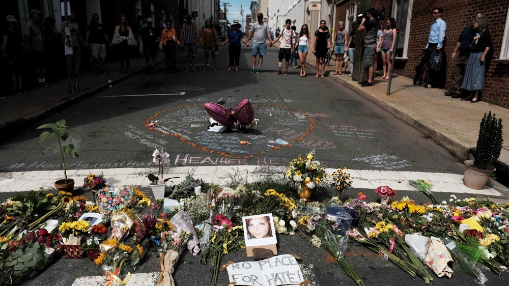 A makeshift memorial for Heather Heyer, the 32-year-old anti-racist killed by a neo-Nazi in Charlottesville [File: Justin Ide/Reuters]