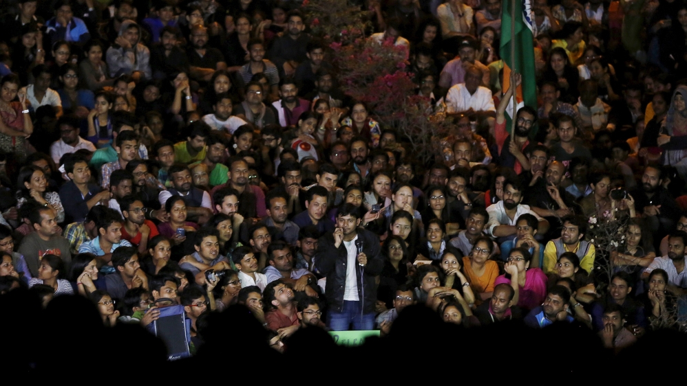 Kanhaiya Kumar, a Jawaharlal Nehru University (JNU) student union leader, gestures as he addresses a meet inside JNU campus in New Delhi on March 3, 2016 [Reuters/Adnan Abidi]