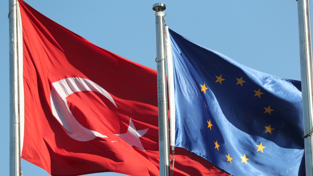 European Union and Turkish flags fly at the business and financial district of Levent in Istanbul