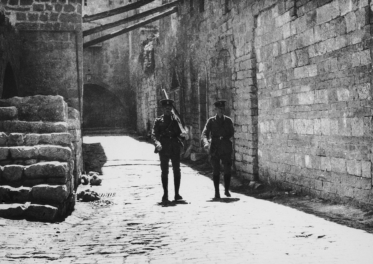 British soldiers patrol the streets of Jerusalem at the time of a visit by Lord Balfour, 2nd April 1925. The city''s Arab residents were on strike as a protest against the Balfour Declaration supportin