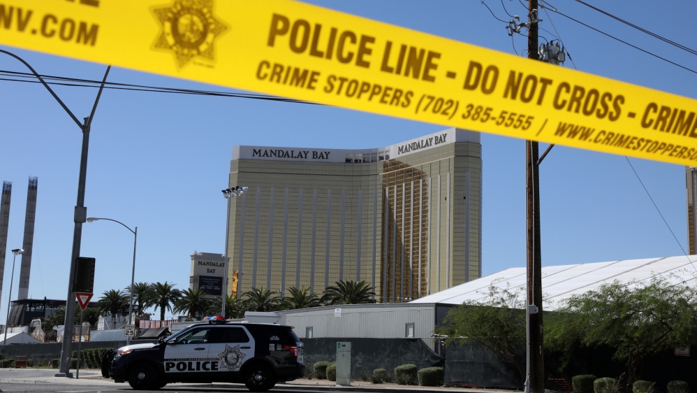 The site of the Route 91 music festival mass shooting is seen outside the Mandalay Bay Resort and Casino in Las Vegas