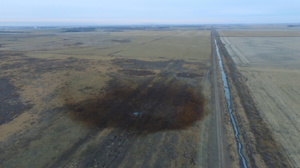 An aerial view of an oilspill which shut down the Keystone pipeline between Canada and the United States in an agricultural area near Amherst South Dakota