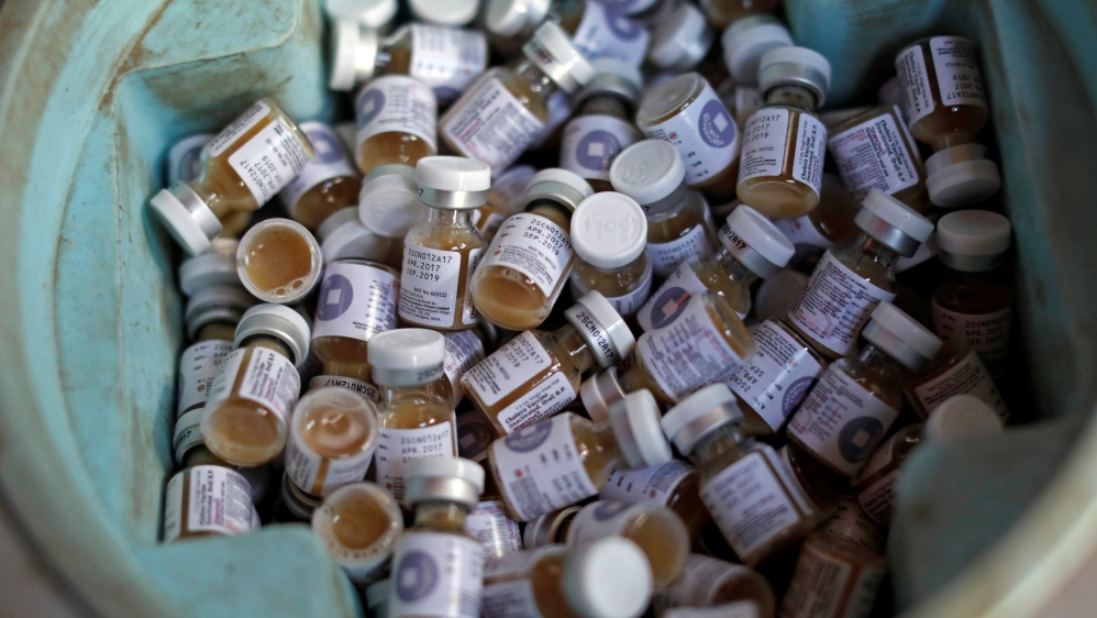 Bottles with cholera vaccines to be distributed among Rohingya refugees are seen in a box in a refugee camp near Cox''s Bazar